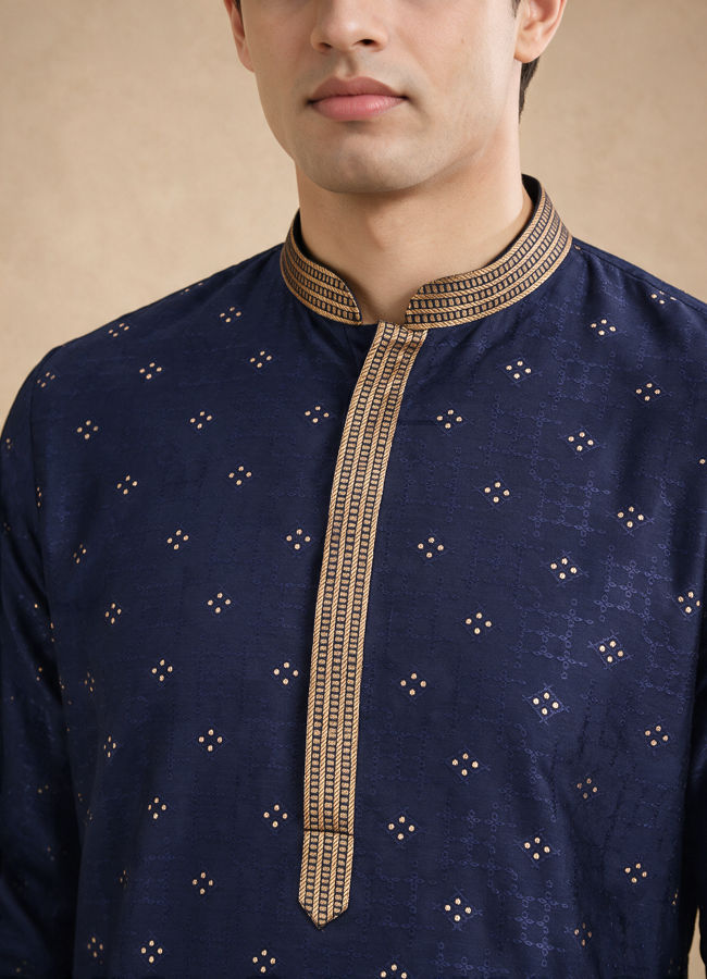 Manyavar Men Blue Self-Textured Blended Viscose Kurta Pajama Set