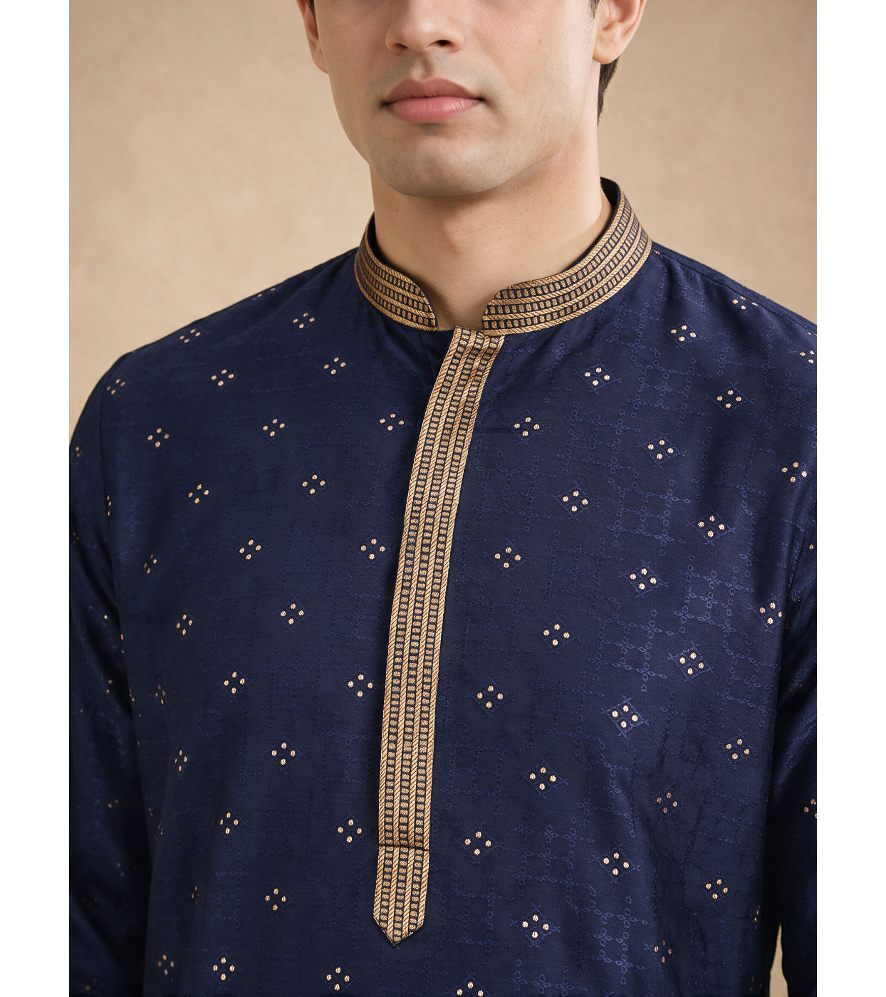 Manyavar Men Blue Self-Textured Blended Viscose Kurta Pajama Set