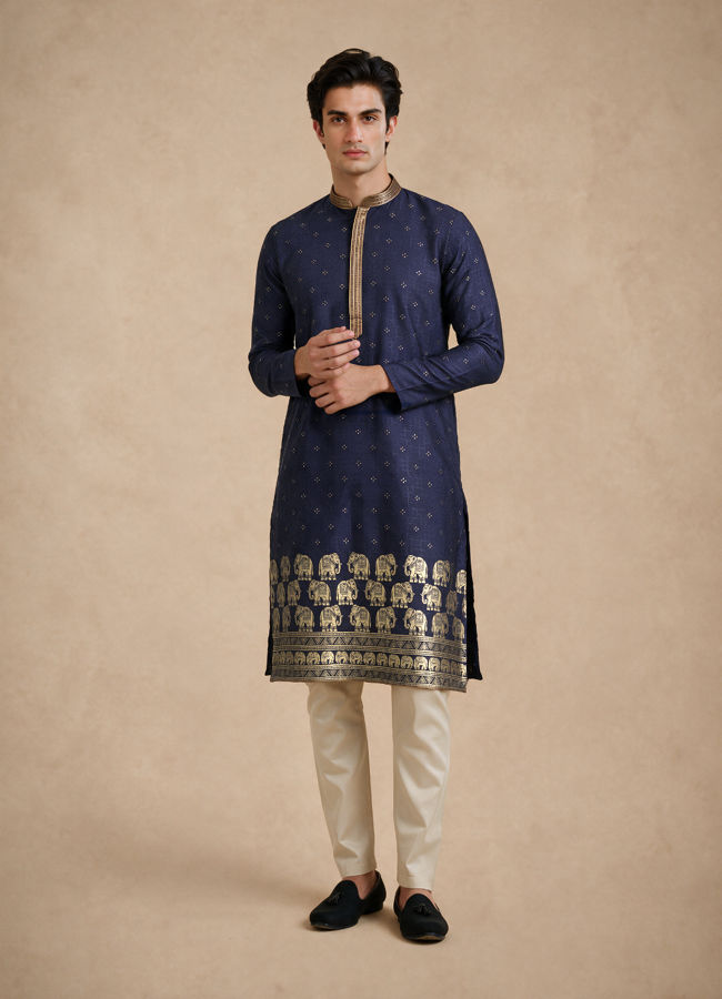 Manyavar Men Blue Self-Textured Blended Viscose Kurta Pajama Set
