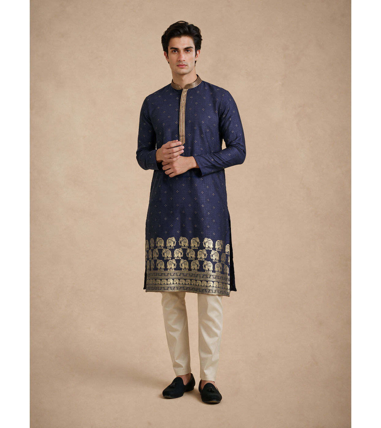 Manyavar Men Blue Self-Textured Blended Viscose Kurta Pajama Set