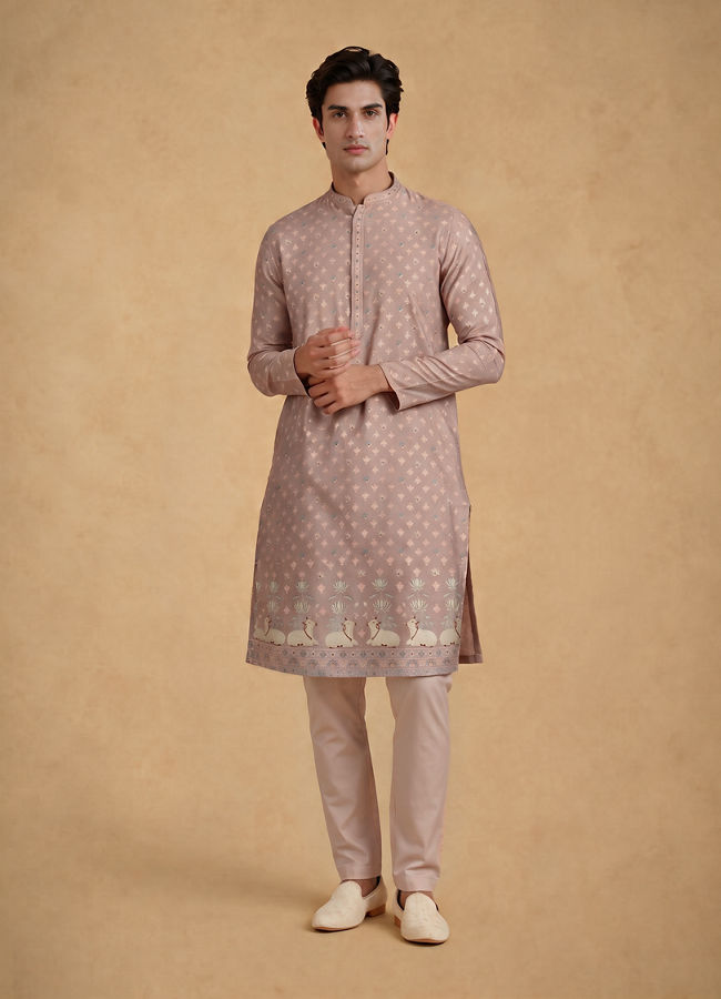 Manyavar Men Pink Blended Viscose Self-Textured Kurta Pajama Set