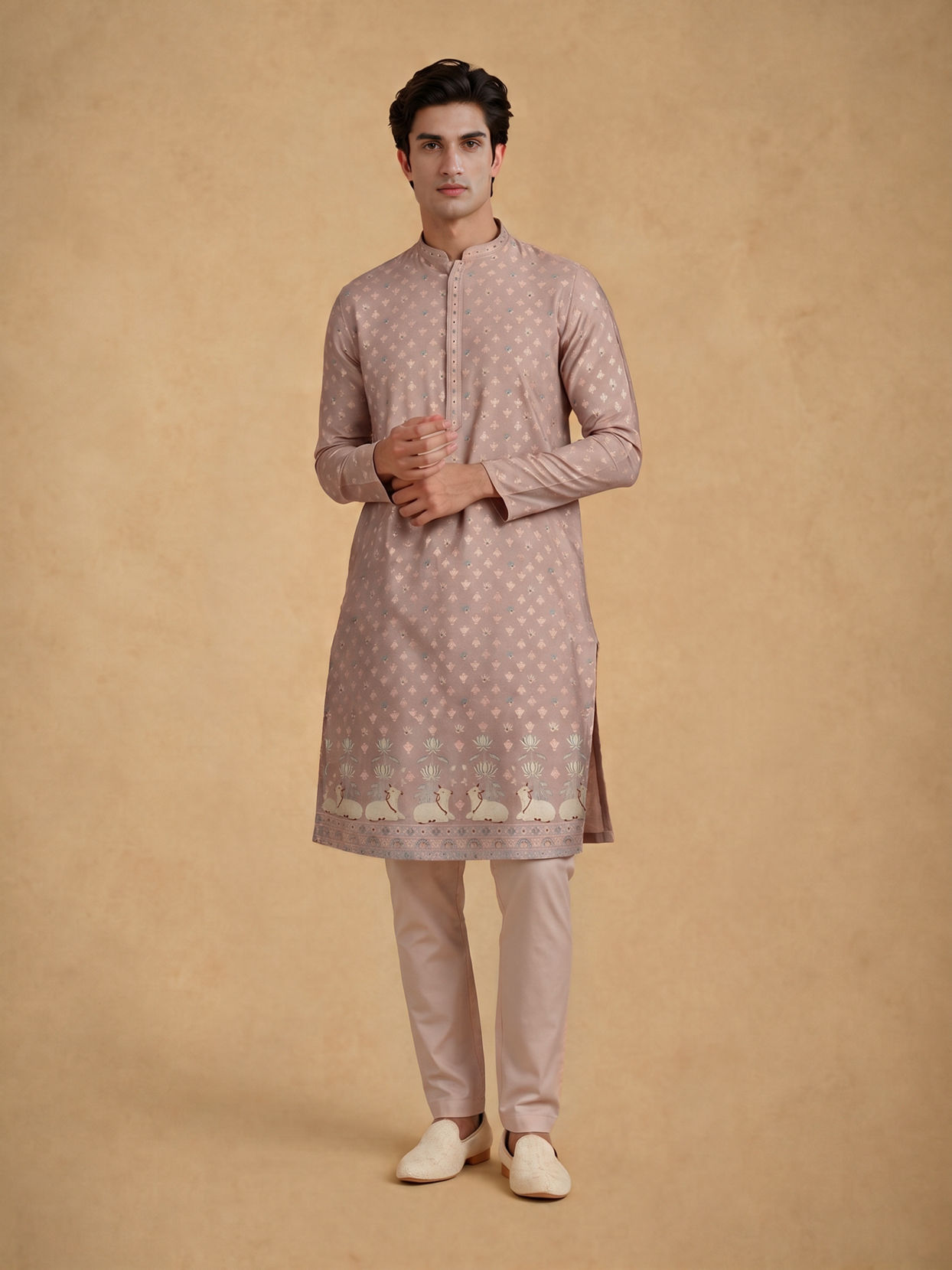 Manyavar Men Pink Blended Viscose Self-Textured Kurta Pajama Set