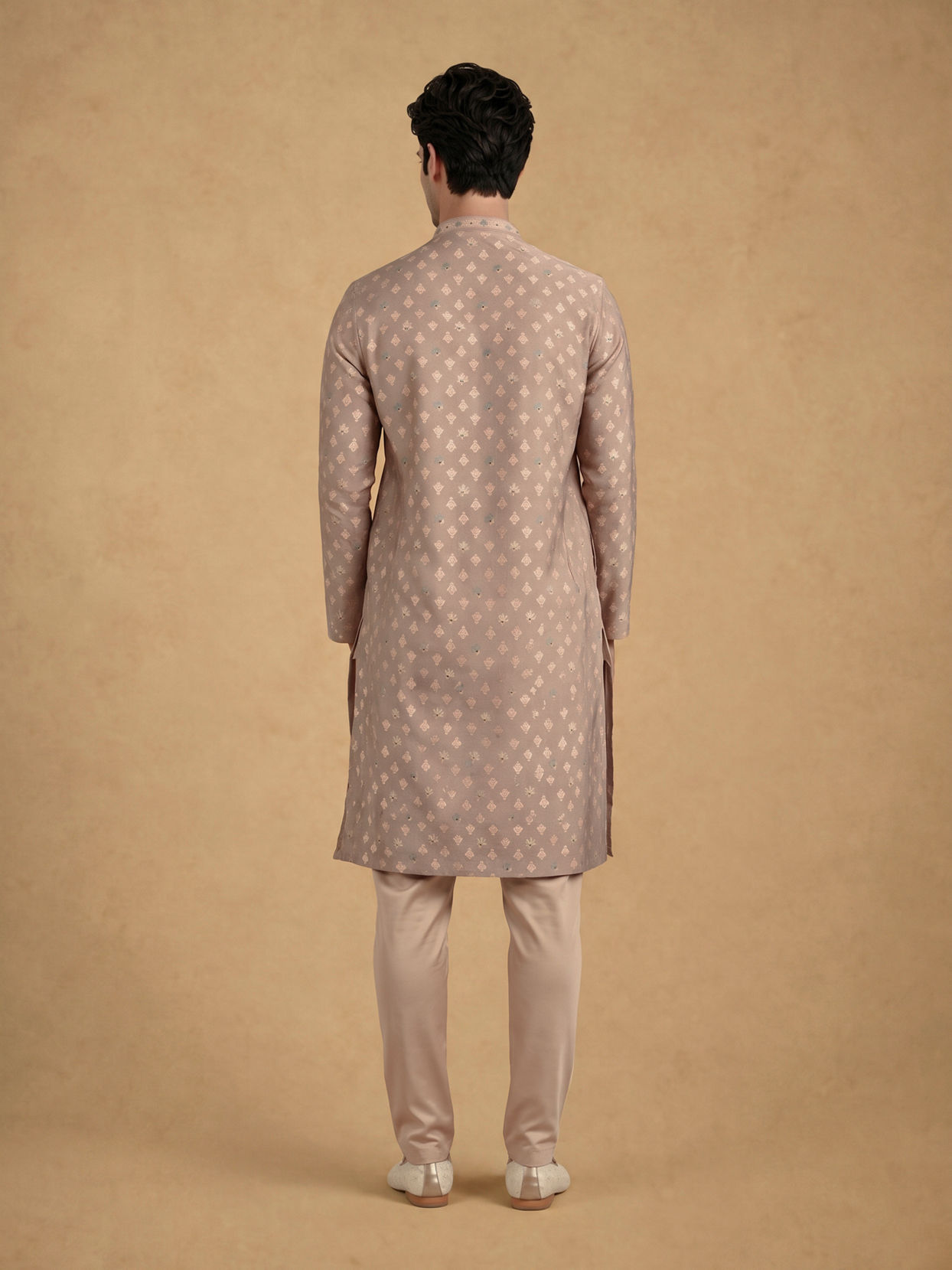 Manyavar Men Pink Blended Viscose Self-Textured Kurta Pajama Set