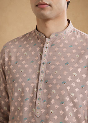 Manyavar Men Pink Blended Viscose Self-Textured Kurta Pajama Set