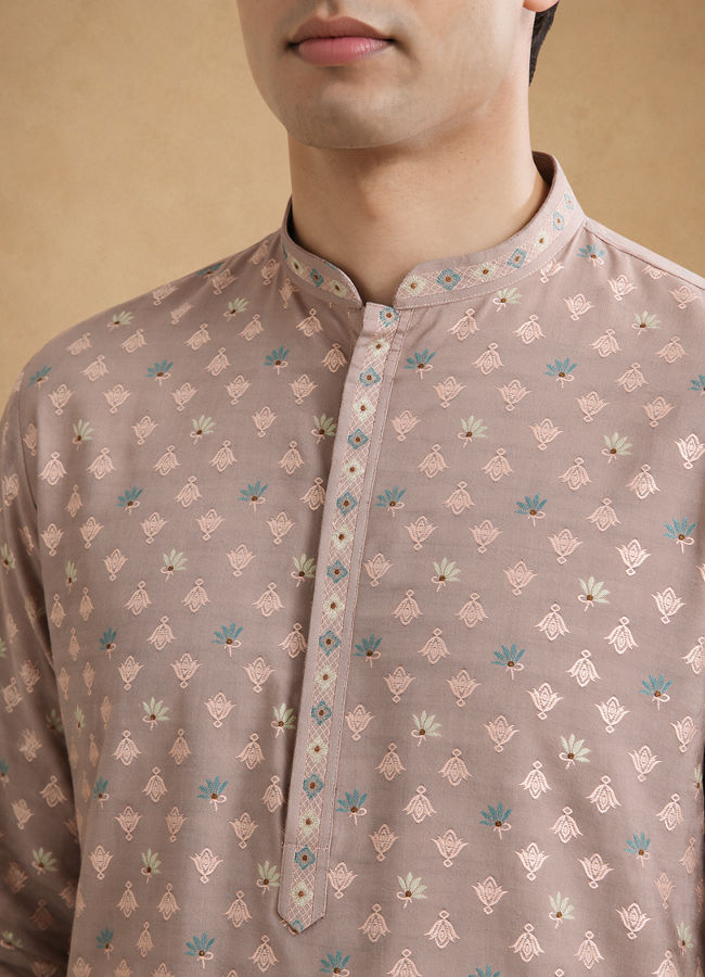 Manyavar Men Pink Blended Viscose Self-Textured Kurta Pajama Set