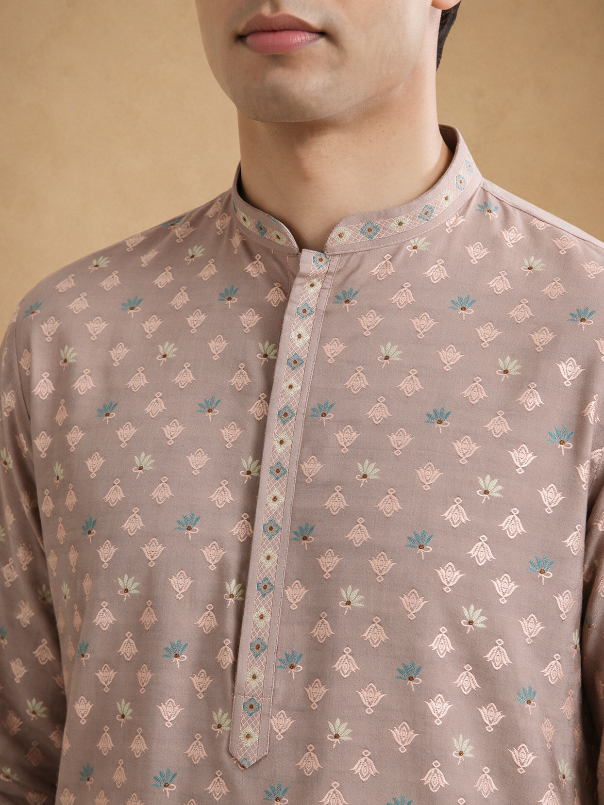 Manyavar Men Pink Blended Viscose Self-Textured Kurta Pajama Set