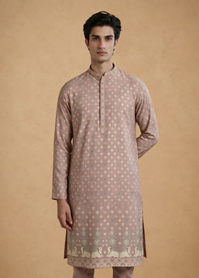 Manyavar Men Pink Blended Viscose Self-Textured Kurta Pajama Set