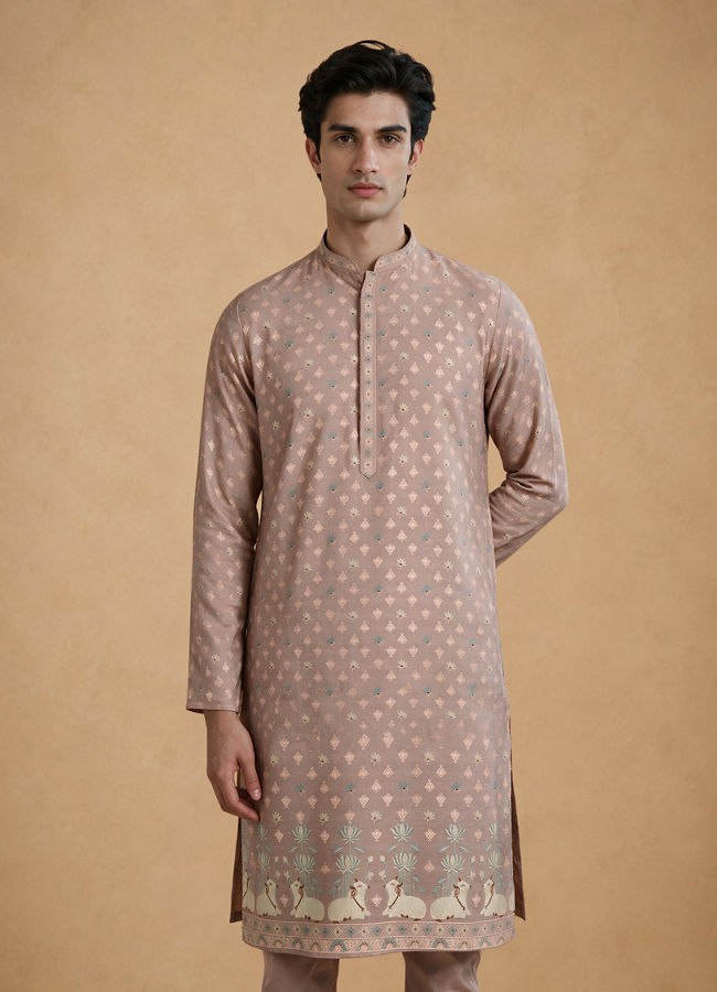 Manyavar Men Pink Blended Viscose Self-Textured Kurta Pajama Set