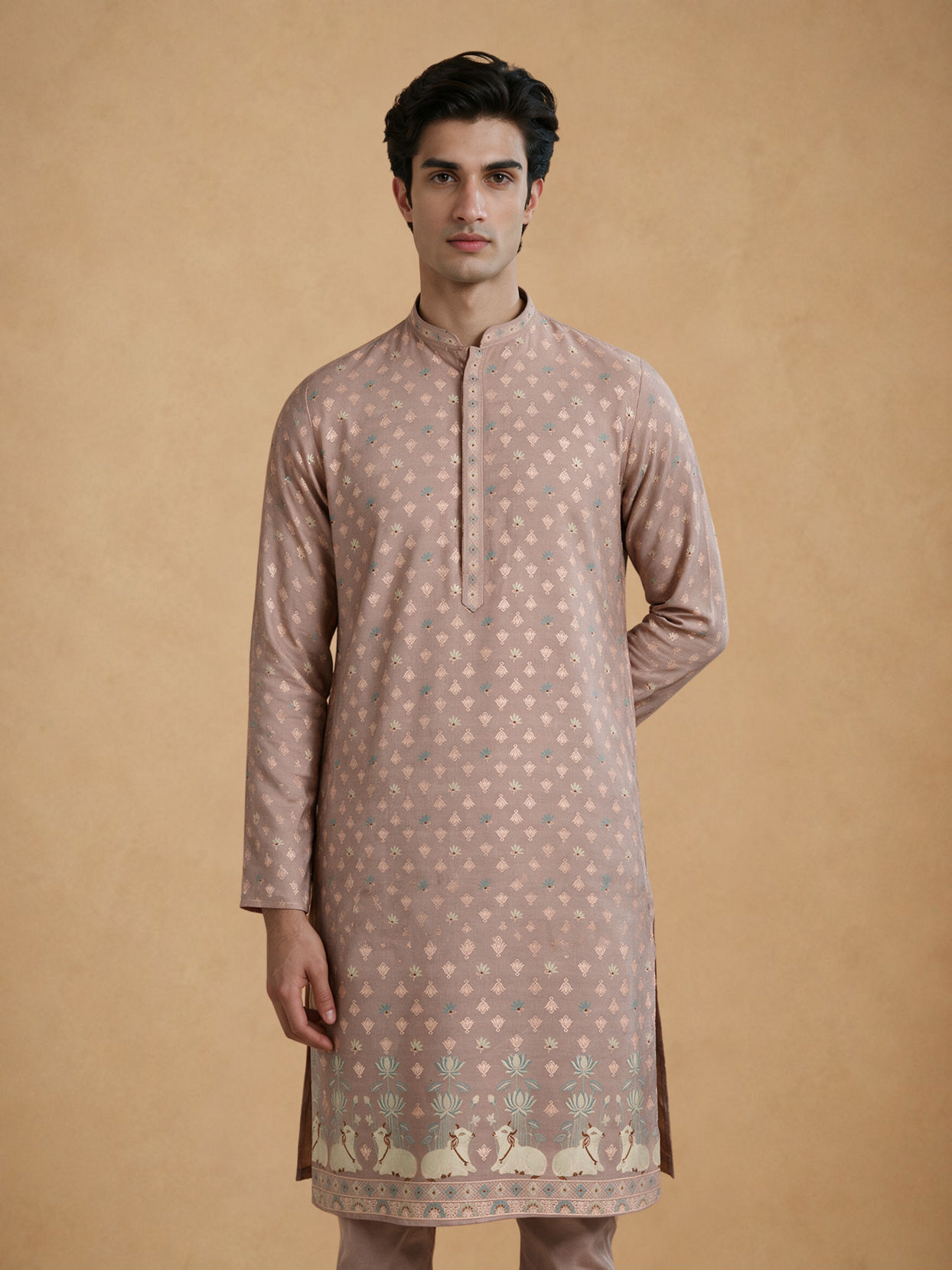 Manyavar Men Pink Blended Viscose Self-Textured Kurta Pajama Set