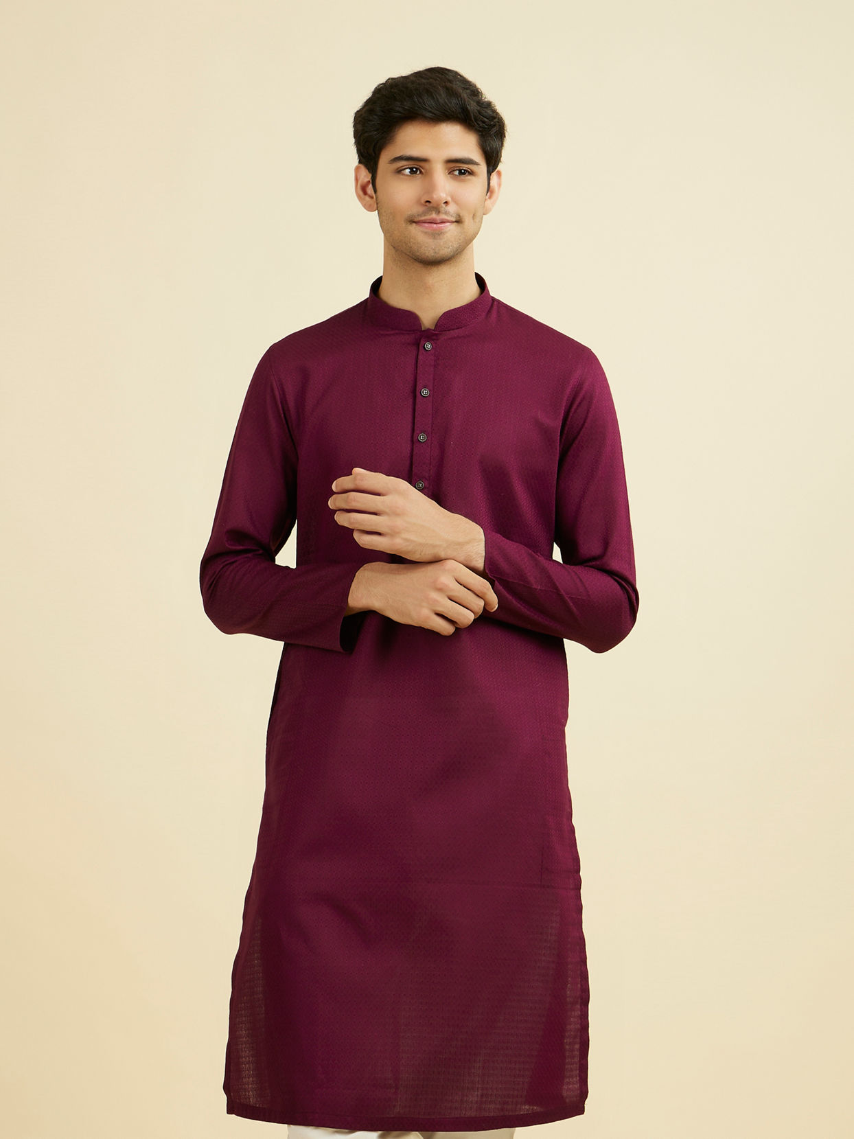 Manyavar Men Wine Cotton Kurta Pajama Set