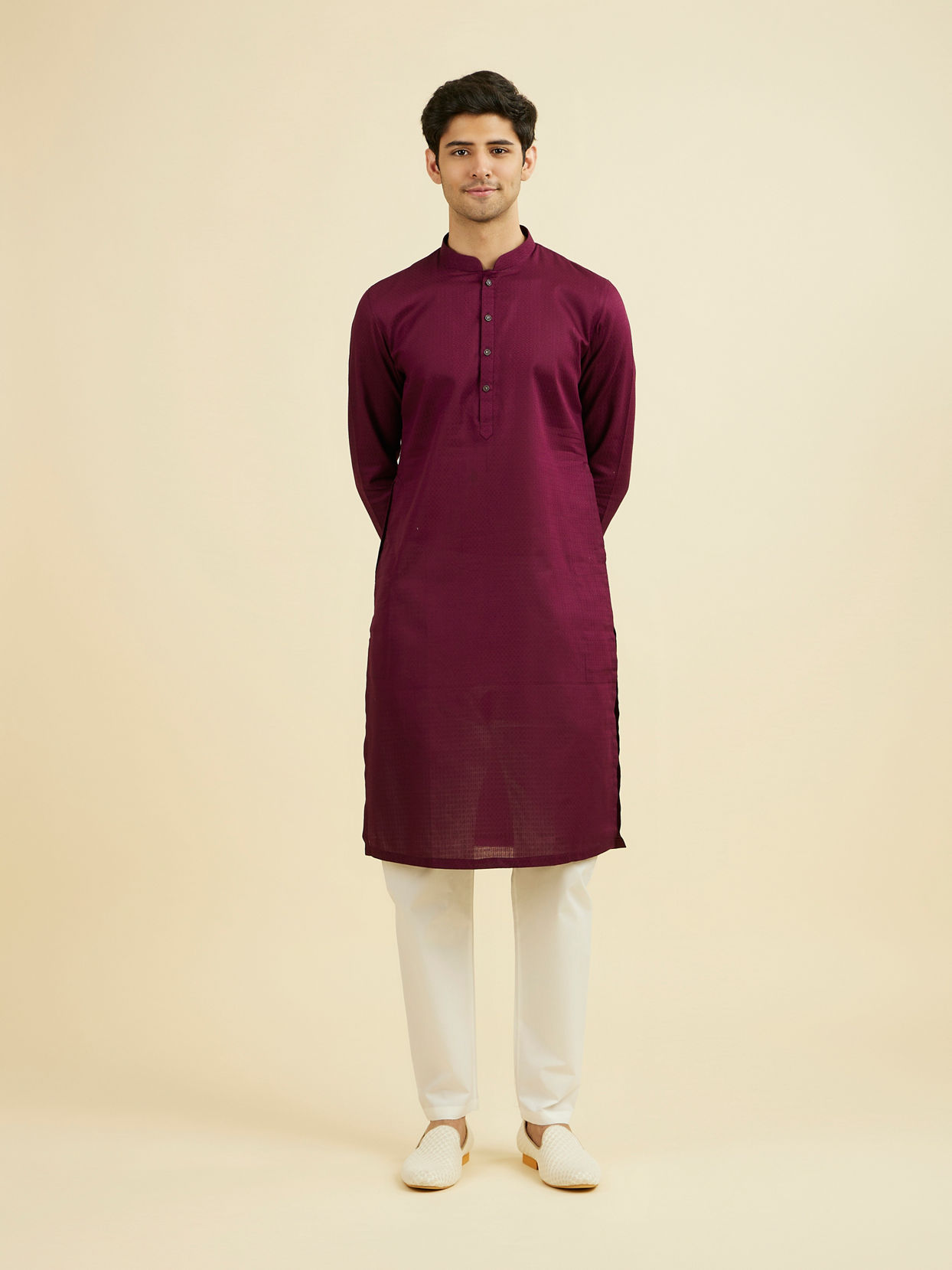 Manyavar Men Wine Cotton Kurta Pajama Set