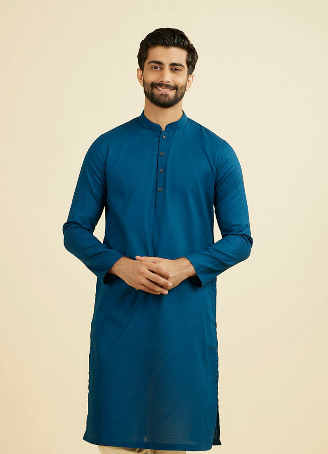 Manyavar Men Teal Blue Cotton Kurta Pajama Set