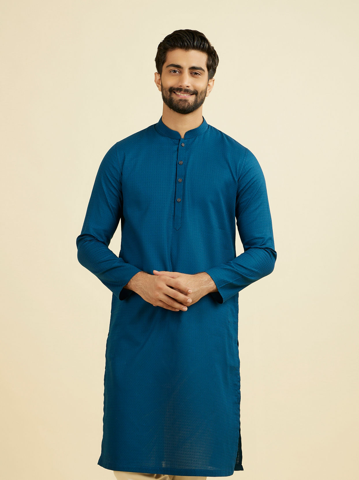 Manyavar Men Teal Blue Cotton Kurta Pajama Set