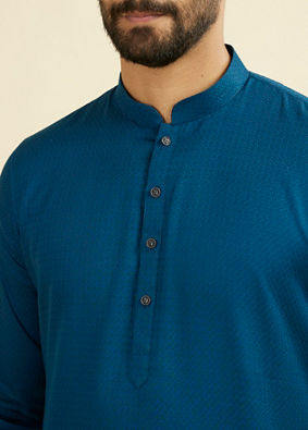 Manyavar Men Teal Blue Cotton Kurta Pajama Set