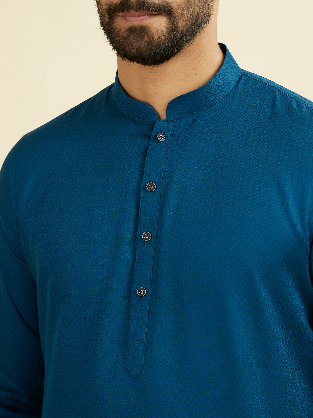 Manyavar Men Teal Blue Cotton Kurta Pajama Set