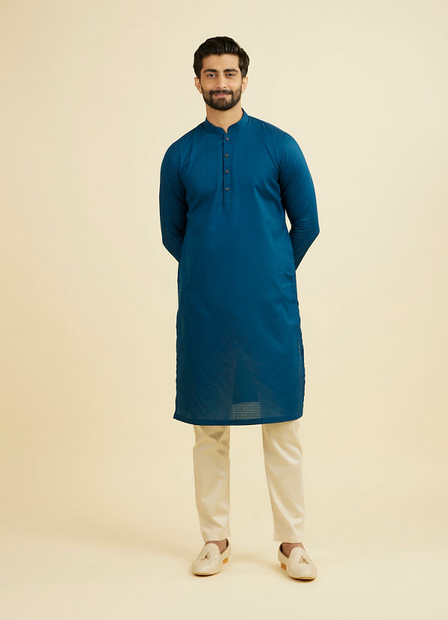 Manyavar Men Teal Blue Cotton Kurta Pajama Set