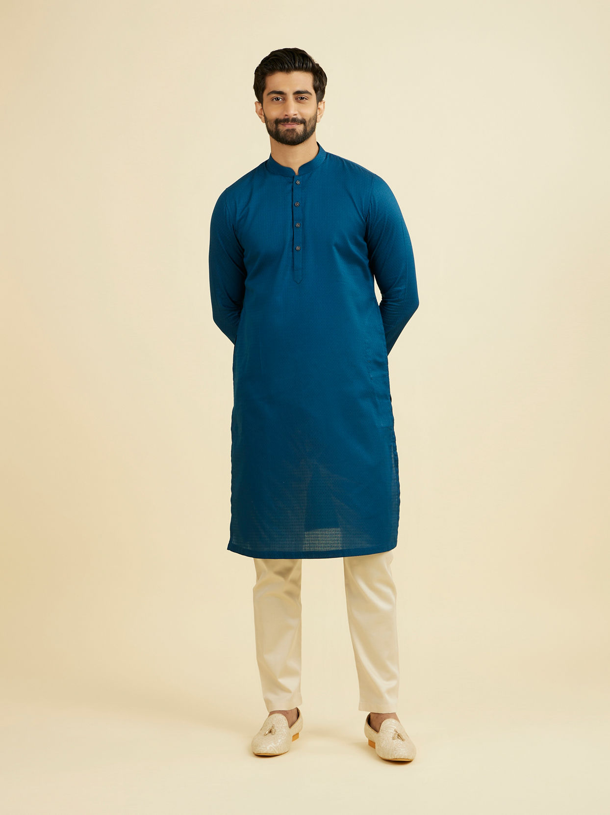 Manyavar Men Teal Blue Cotton Kurta Pajama Set