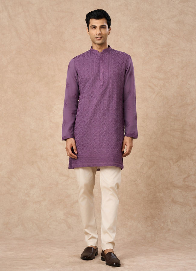 Manyavar Men Purple Georgette Kurta Pajama with Embroidery