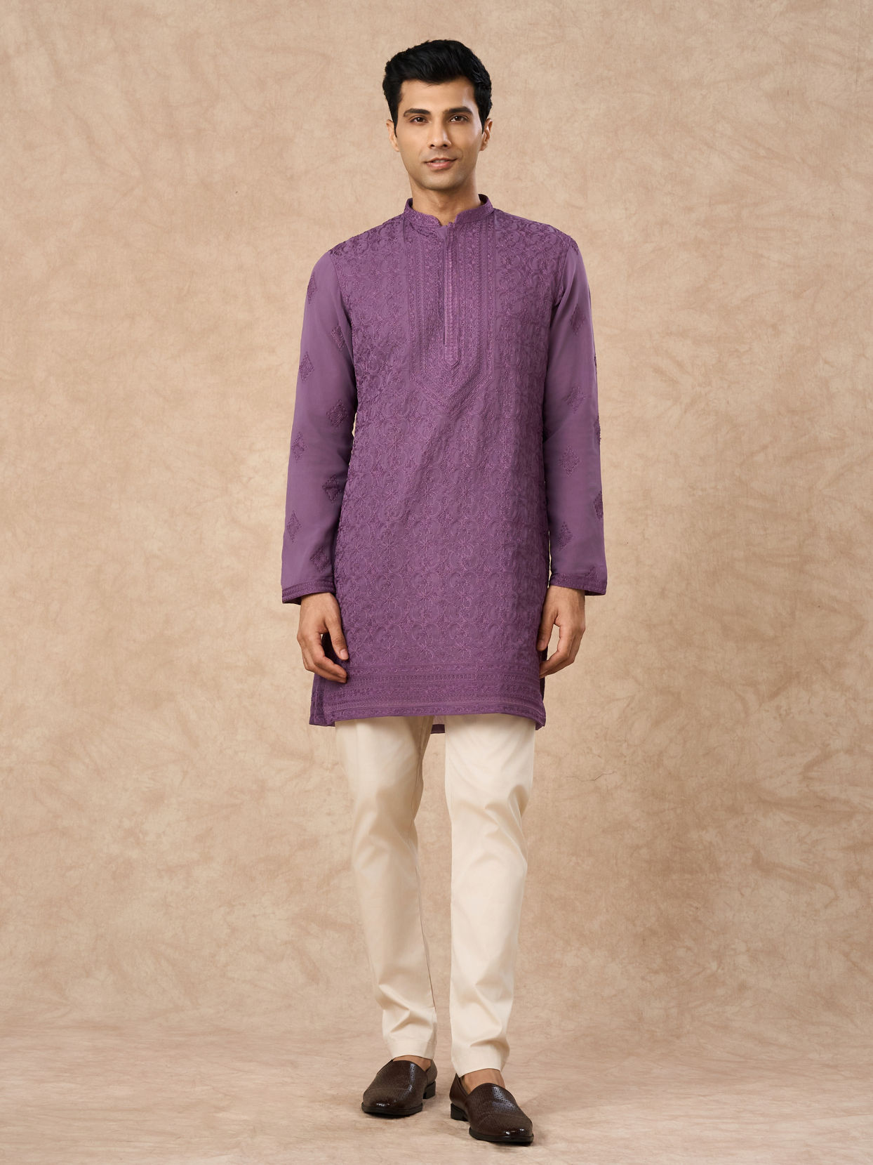 Manyavar Men Purple Georgette Kurta Pajama with Embroidery