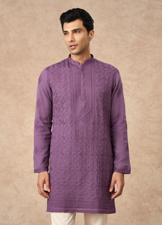 Manyavar Men Purple Georgette Kurta Pajama with Embroidery