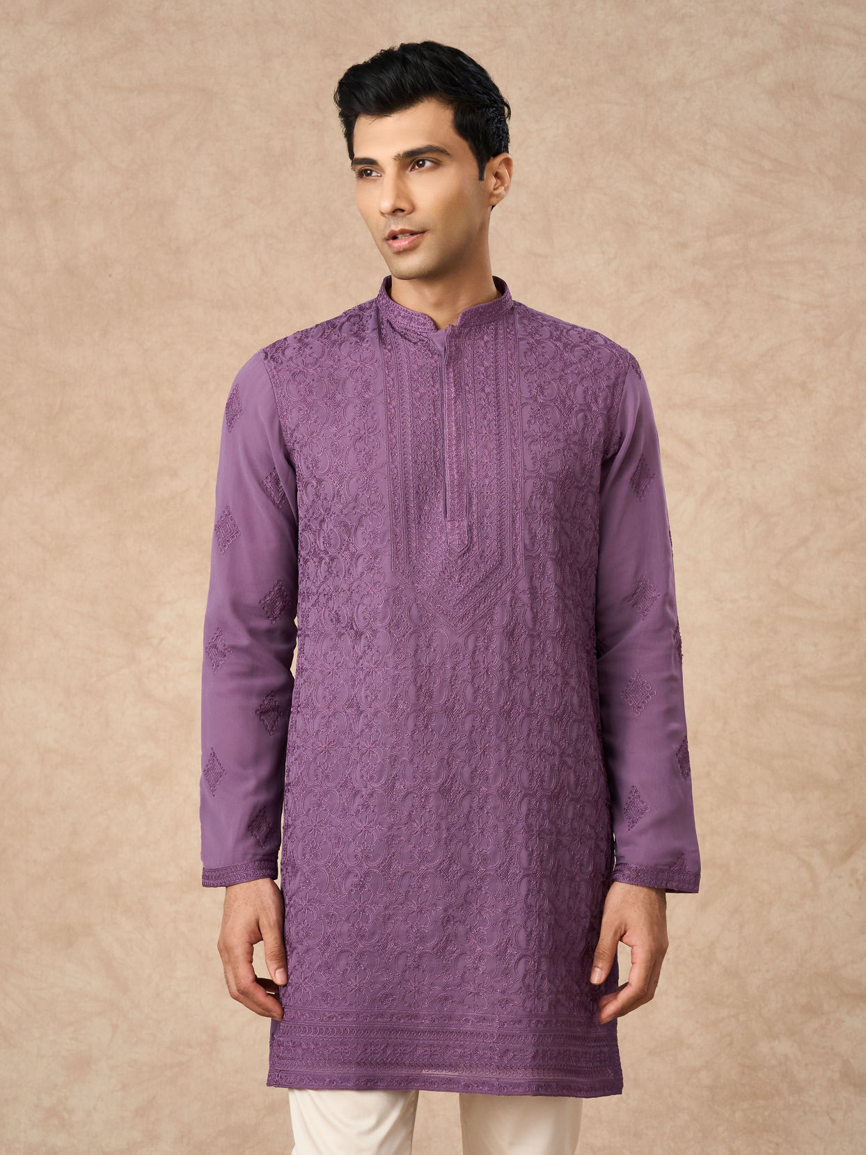 Manyavar Men Purple Georgette Kurta Pajama with Embroidery