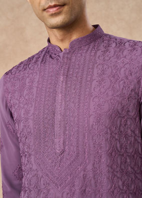 Manyavar Men Purple Georgette Kurta Pajama with Embroidery