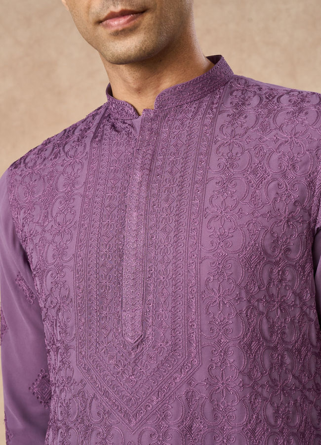 Manyavar Men Purple Georgette Kurta Pajama with Embroidery