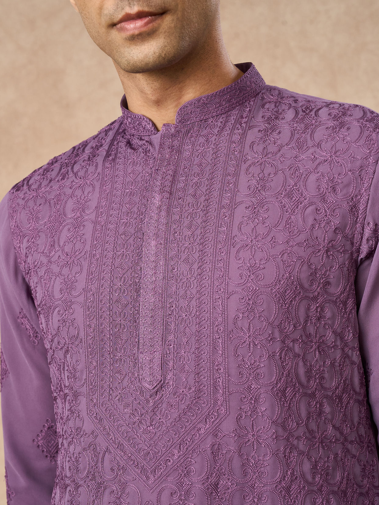 Manyavar Men Purple Georgette Kurta Pajama with Embroidery