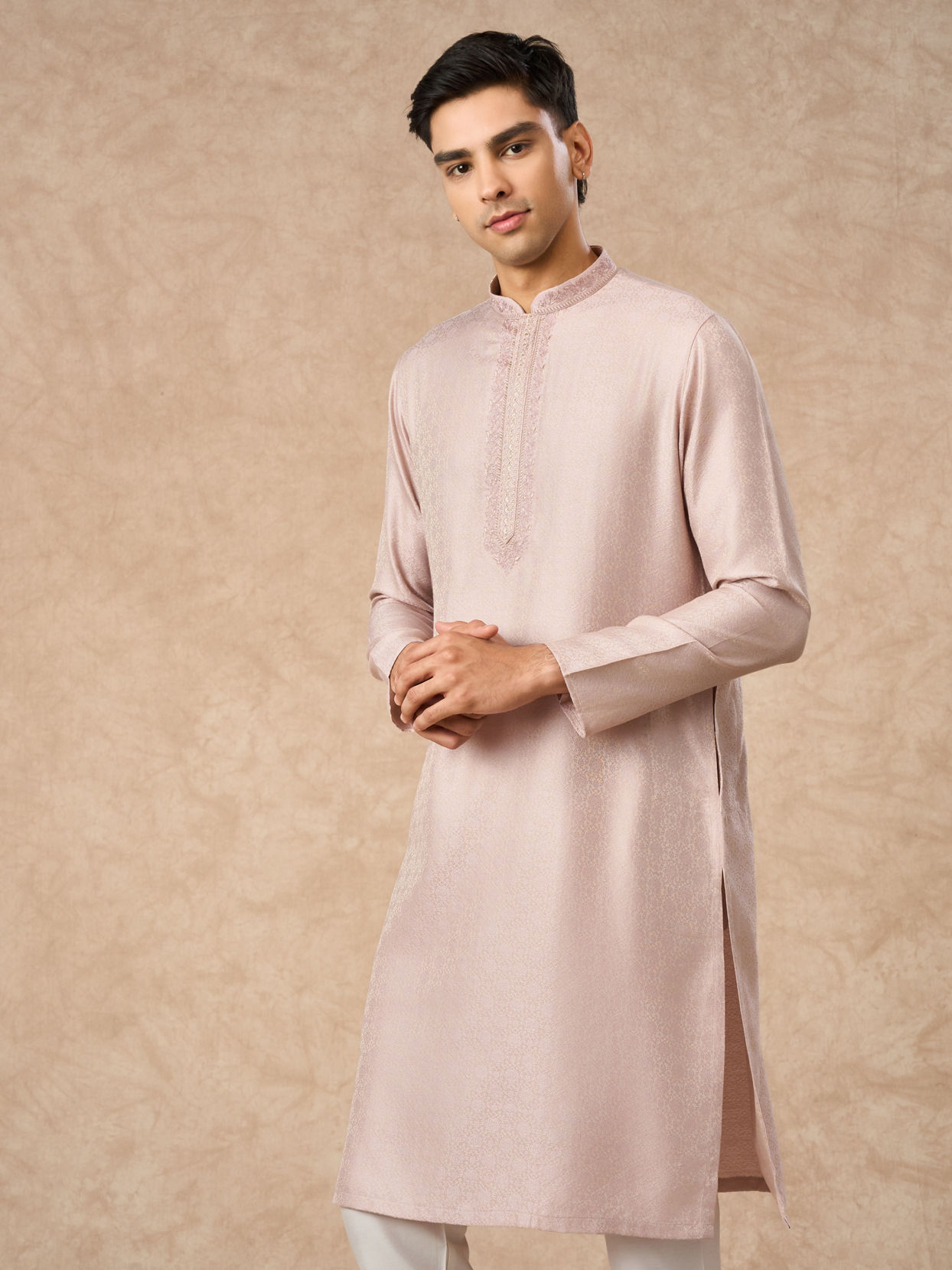 Manyavar Men Dusty Pink Blended Viscose Kurta Pajama