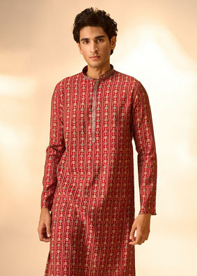Manyavar Men Maroon Blended Viscose Kurta Pajama with Print