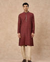 Manyavar Men Maroon Blended Viscose Kurta Pajama with Print