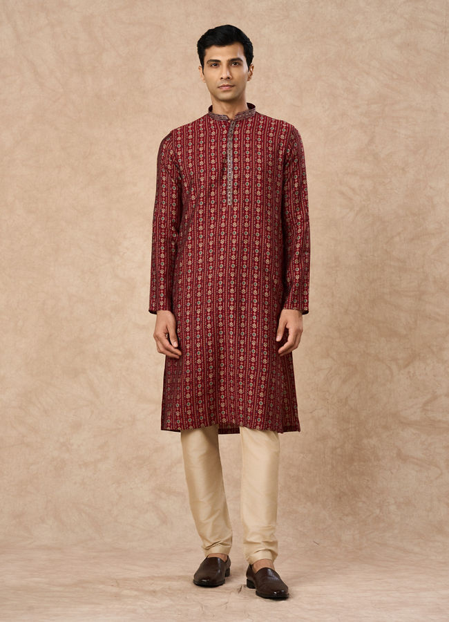 Manyavar Men Maroon Blended Viscose Kurta Pajama with Print