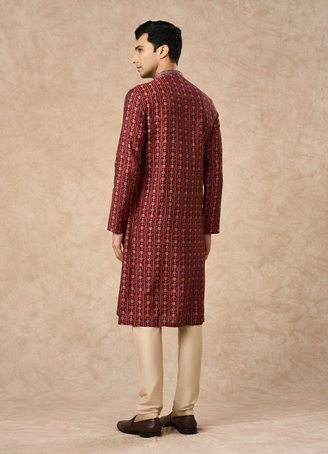 Manyavar Men Maroon Blended Viscose Kurta Pajama with Print