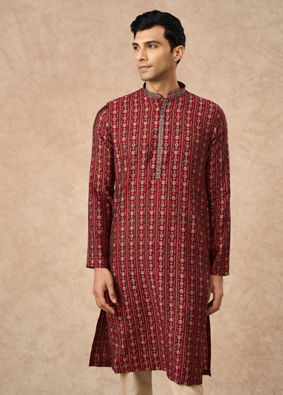 Manyavar Men Maroon Blended Viscose Kurta Pajama with Print