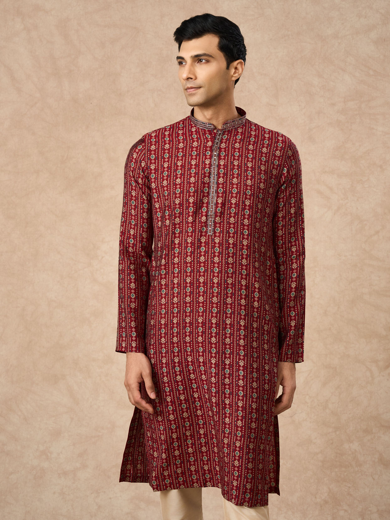 Manyavar Men Maroon Blended Viscose Kurta Pajama with Print