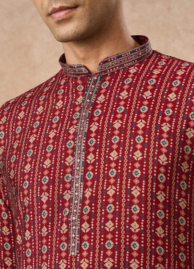 Manyavar Men Maroon Blended Viscose Kurta Pajama with Print