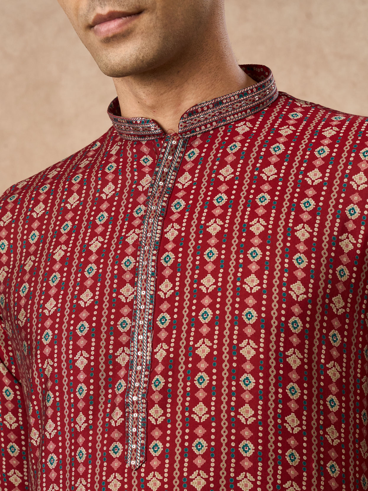 Manyavar Men Maroon Blended Viscose Kurta Pajama with Print