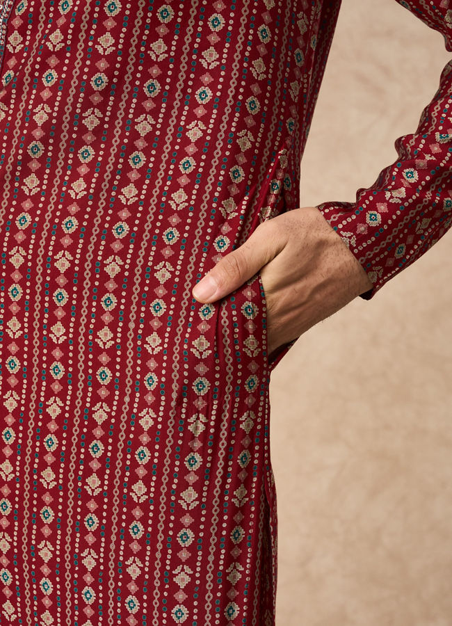 Manyavar Men Maroon Blended Viscose Kurta Pajama with Print