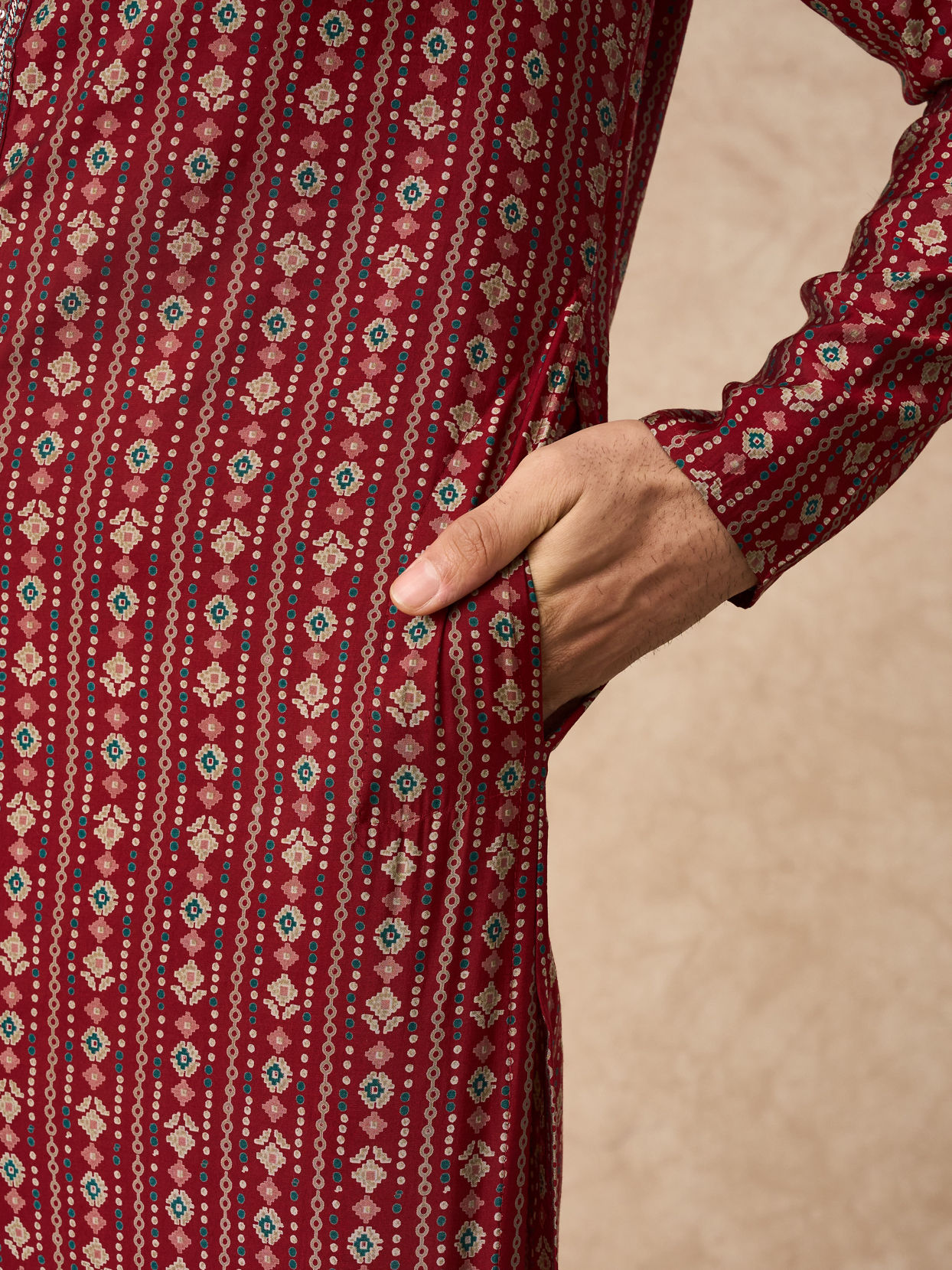Manyavar Men Maroon Blended Viscose Kurta Pajama with Print