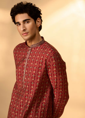 Manyavar Men Maroon Blended Viscose Kurta Pajama with Print