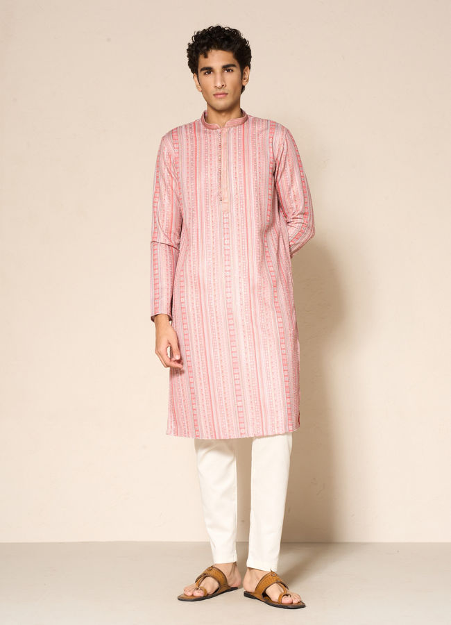 Manyavar Men Orange Striped Print Kurta Pajama Set