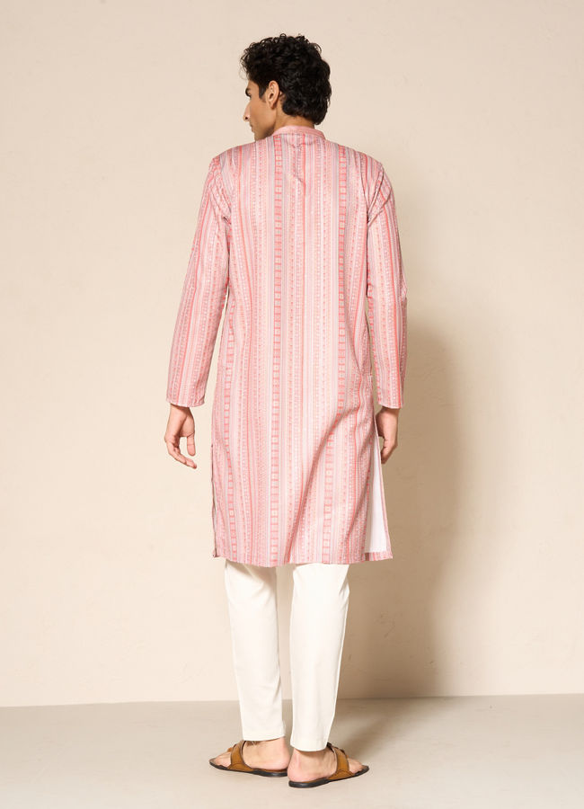 Manyavar Men Orange Striped Print Kurta Pajama Set