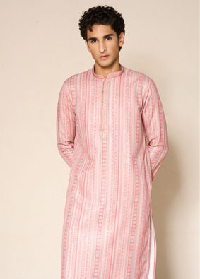 Manyavar Men Orange Striped Print Kurta Pajama Set