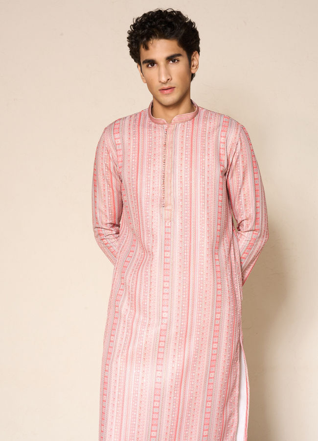 Manyavar Men Orange Striped Print Kurta Pajama Set
