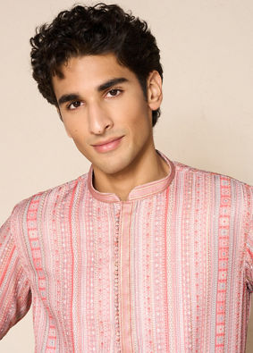 Manyavar Men Orange Striped Print Kurta Pajama Set
