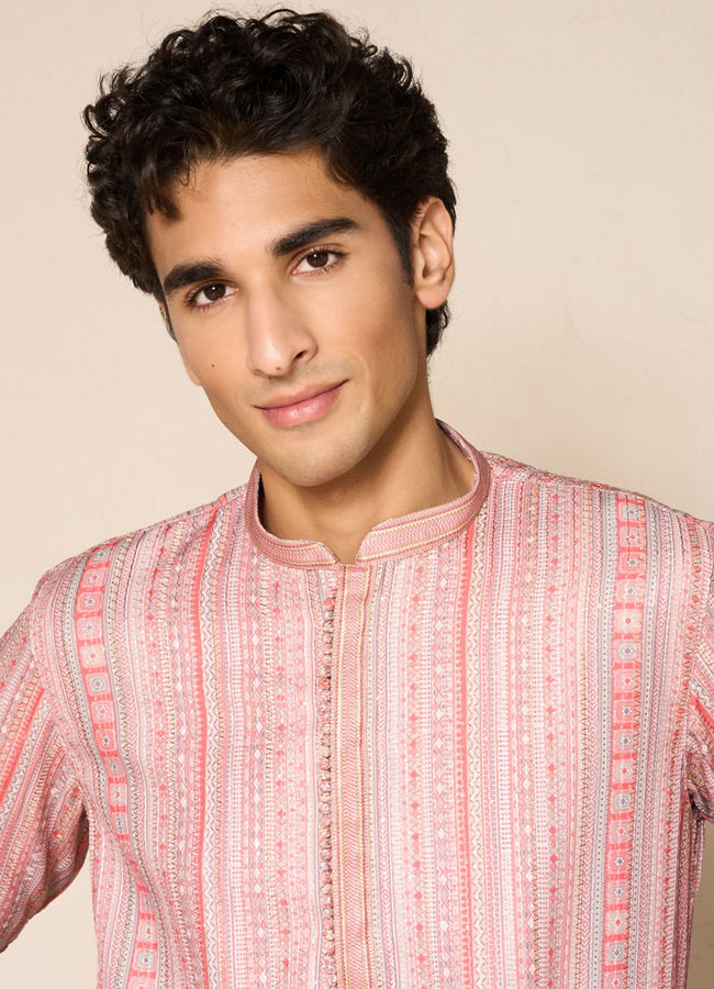 Manyavar Men Orange Striped Print Kurta Pajama Set