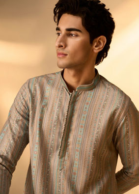 Manyavar Men Aqua Green Blended Cotton Kurta Pajama with Embroidery