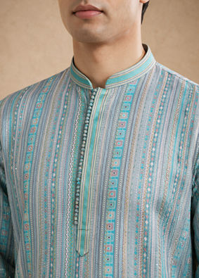 Manyavar Men Aqua Green Blended Cotton Kurta Pajama with Embroidery