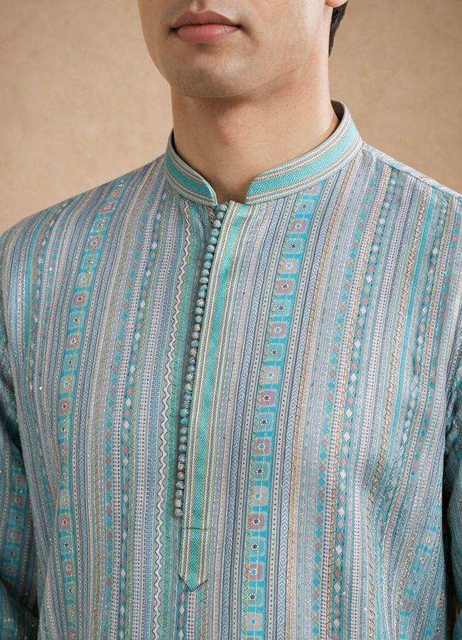 Manyavar Men Aqua Green Blended Cotton Kurta Pajama with Embroidery