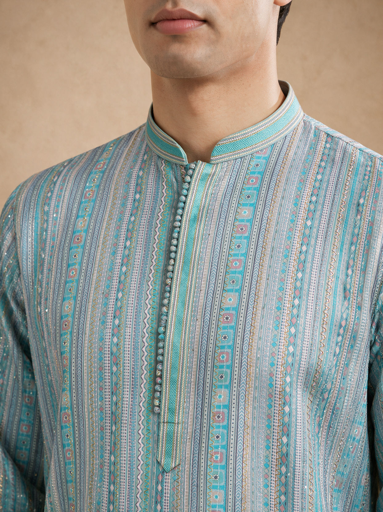 Manyavar Men Aqua Green Blended Cotton Kurta Pajama with Embroidery